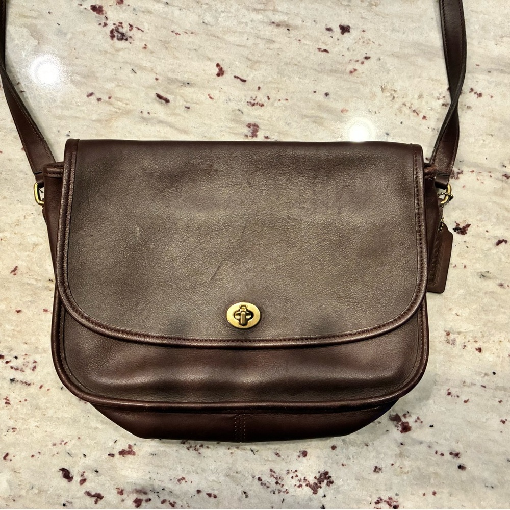 Coach Dark Brown Leather Messenger Bag with Brass Hardware